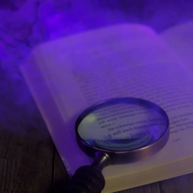 Open book with magnifying class