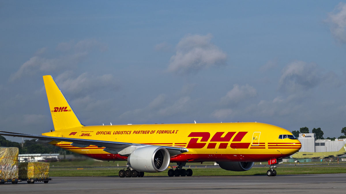 The first DHL x Formula One co-branded Boeing 777 landing at Changi Airport, Singapore