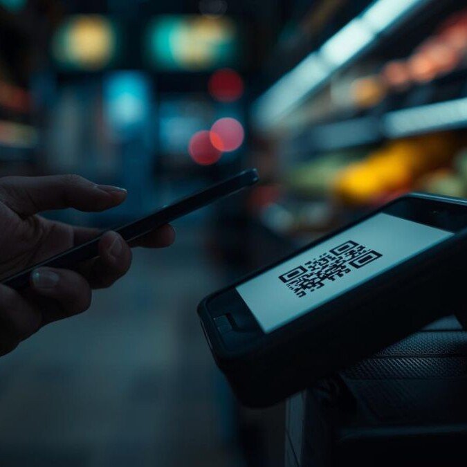 A close-up, cinematic shot of an iPhone held by a hand, scanning a QR code displayed on a sleek, portable POS terminal.
