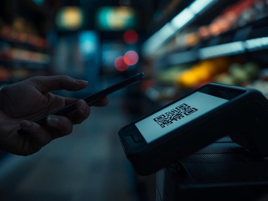 A close-up, cinematic shot of an iPhone held by a hand, scanning a QR code displayed on a sleek, portable POS terminal.