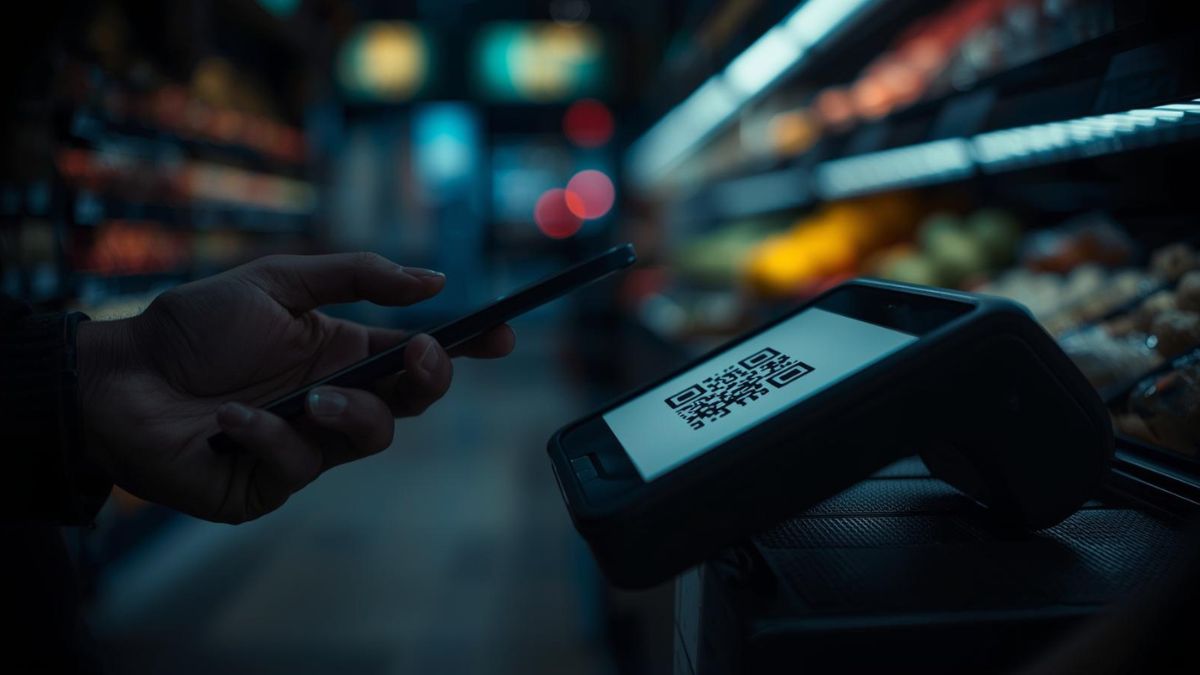 A close-up, cinematic shot of an iPhone held by a hand, scanning a QR code displayed on a sleek, portable POS terminal.
